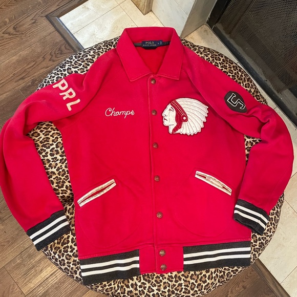 🔥Polo Ralph Lauren Varsity Jacket Indian Head New York Snap Front Mens L - Picture 1 of 12